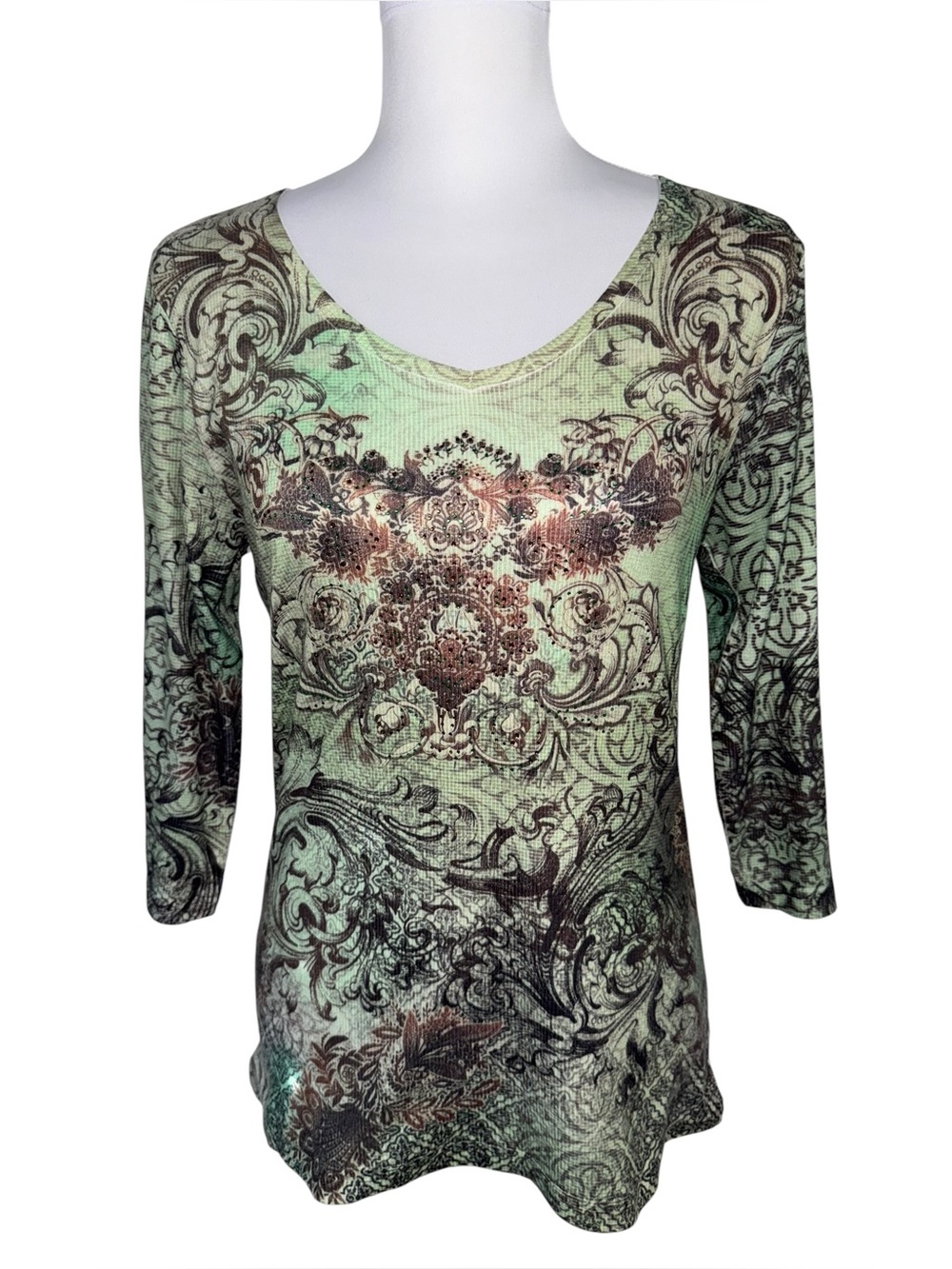Jane Ashley Baroque Paisley Rhinestone Top 3/4 Sleeve Green Small Romantic Y2K